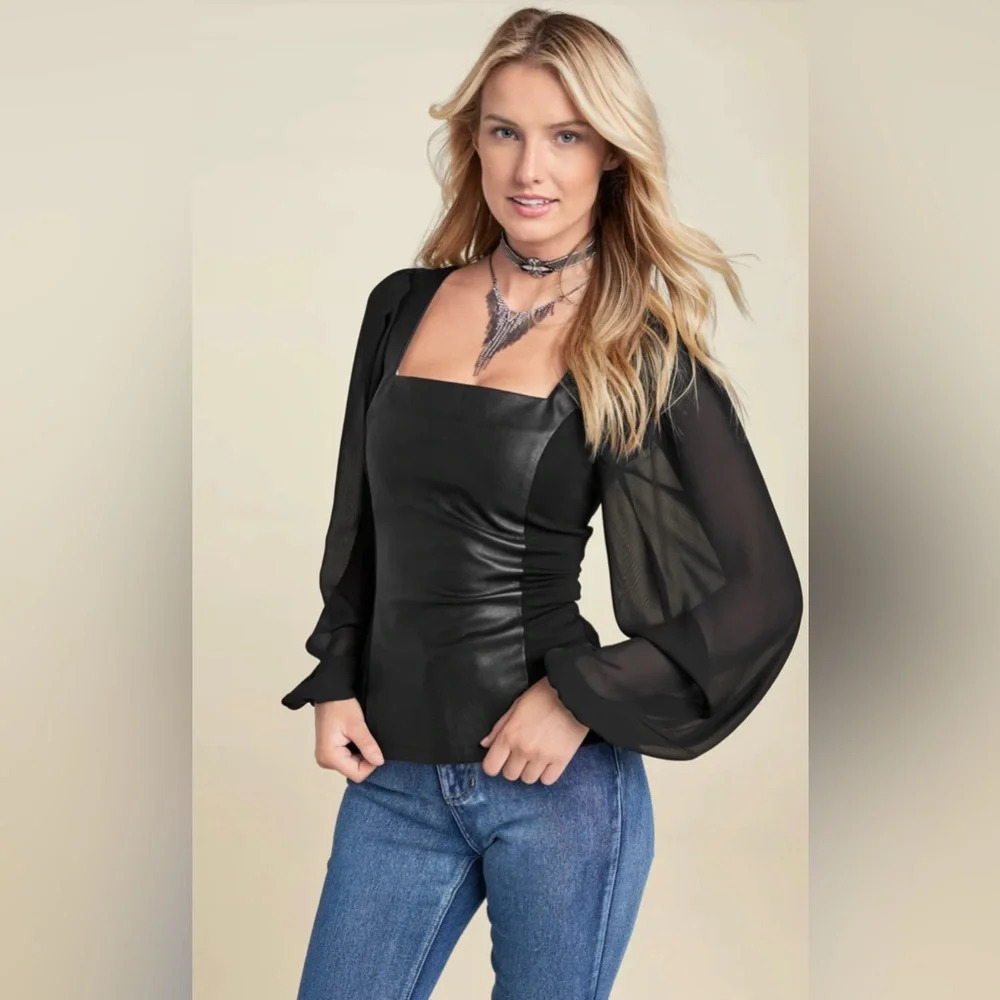 Faux Leather Mesh Sleeve Top